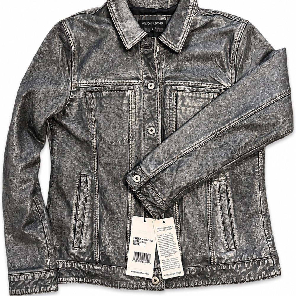 🆕 Wilsons Leather Addison Women’s Leather Denim Trucker Jacket Distressed Blue L - Picture 2 of 10